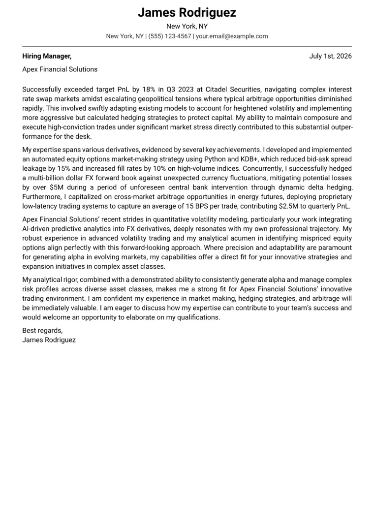 Derivatives Trader cover letter example preview