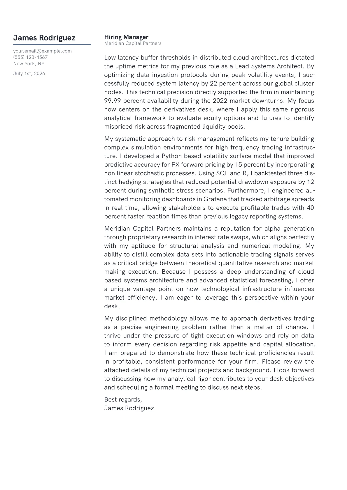 Derivatives Trader cover letter in the Margin design