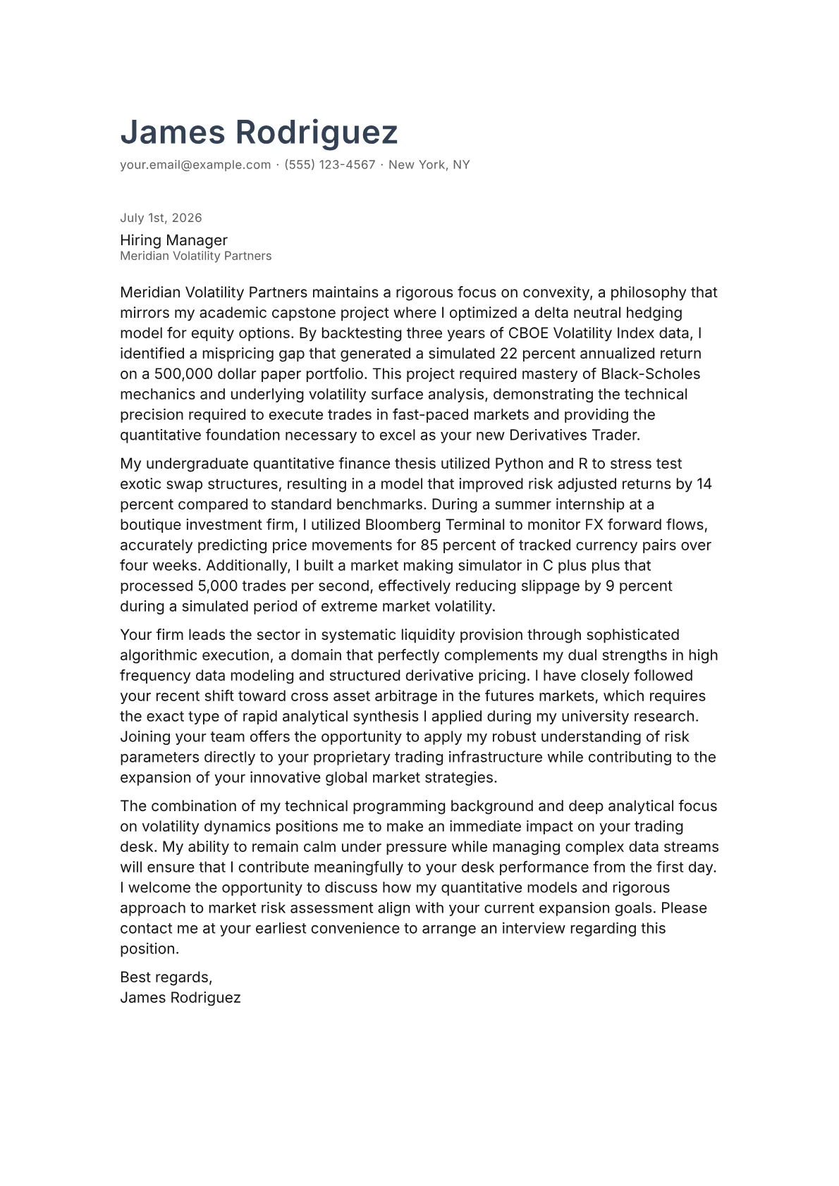 Derivatives Trader cover letter in the Minimal design