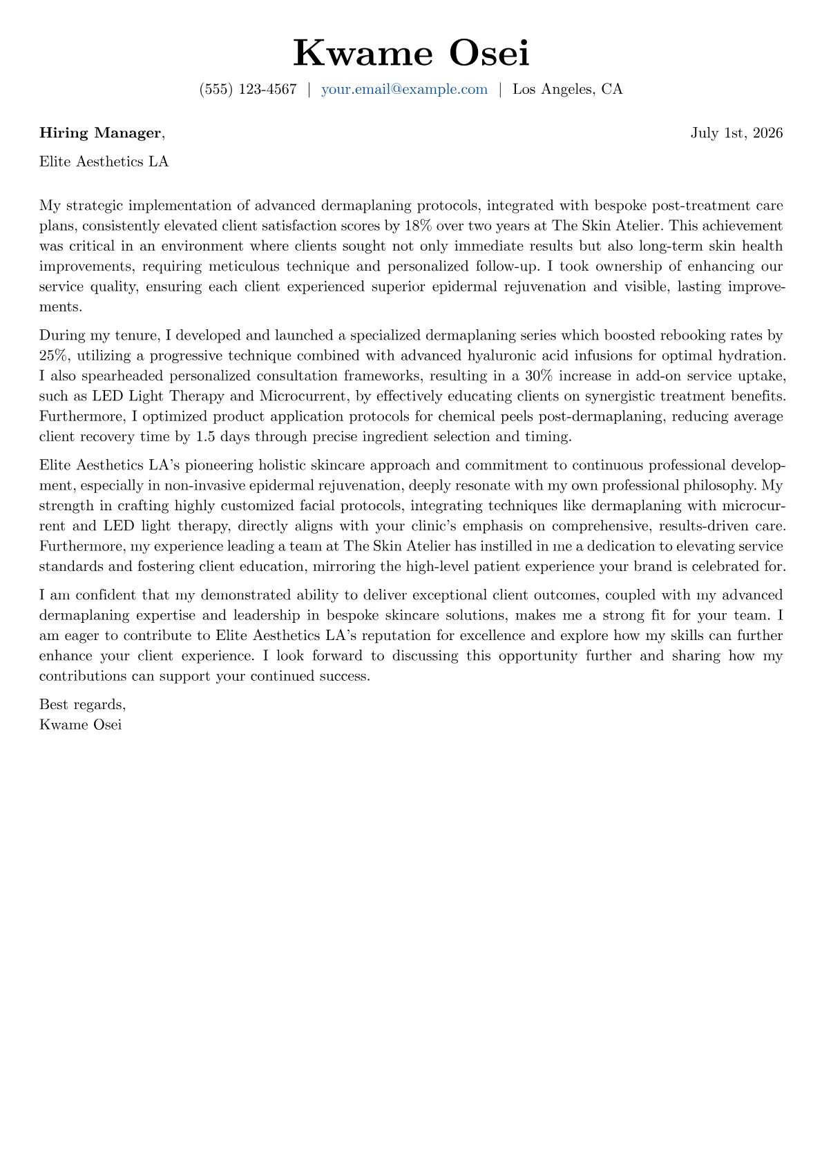 Dermaplaning Specialist cover letter formatted with a JobSprout template