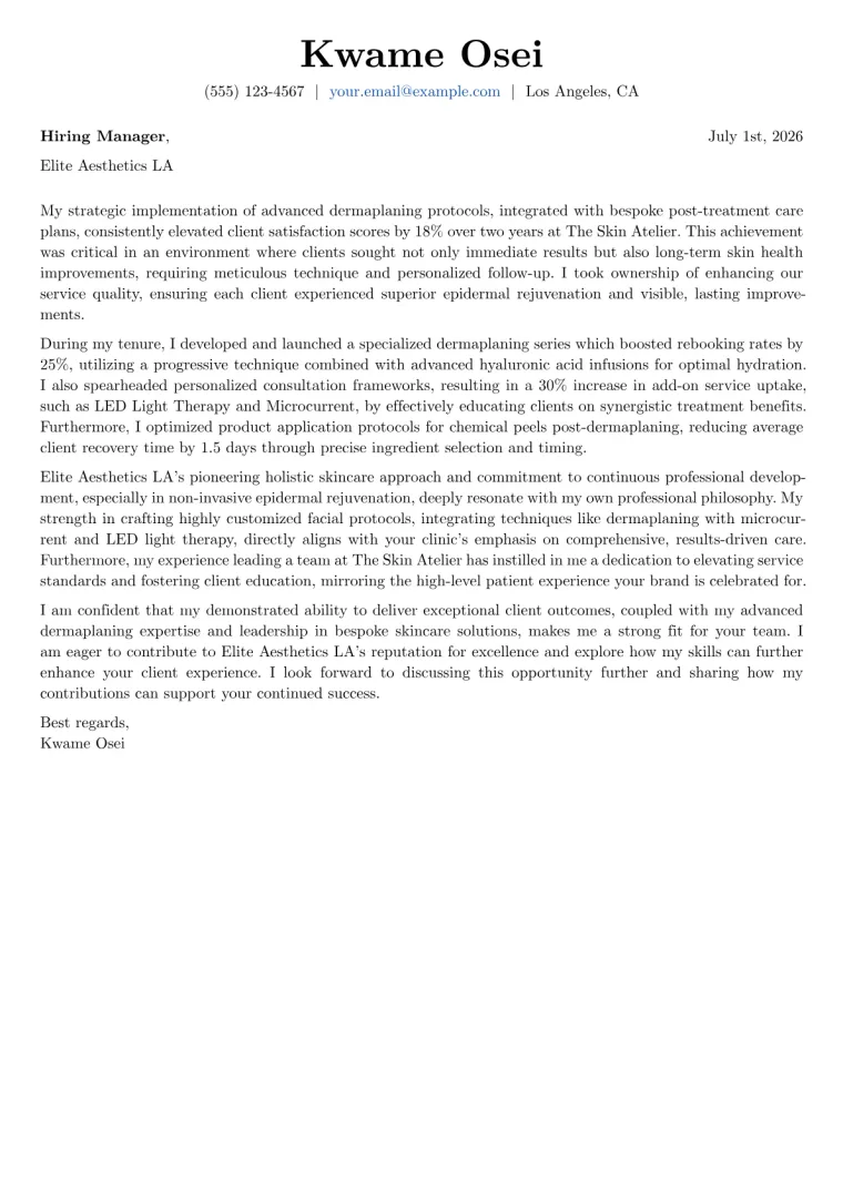 Dermaplaning Specialist cover letter example preview