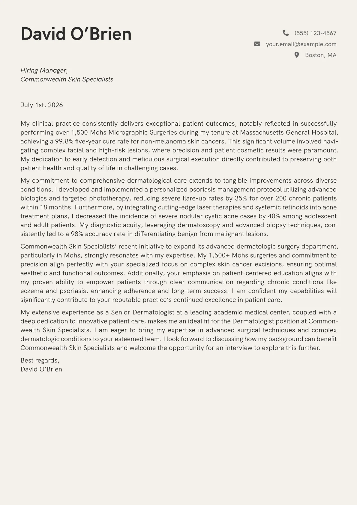 Dermatologist cover letter formatted with a JobSprout template