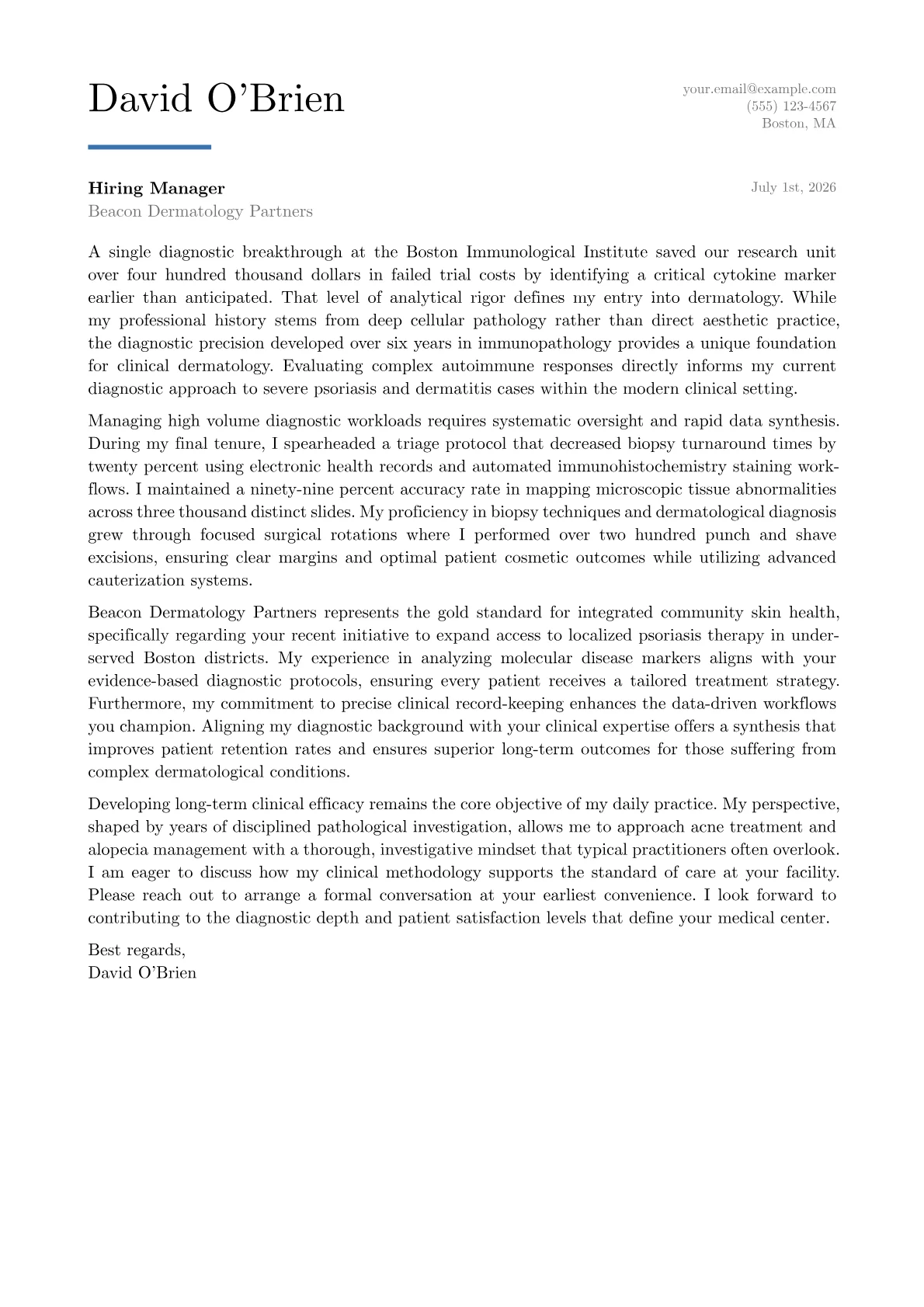 Dermatologist cover letter in the Executive design