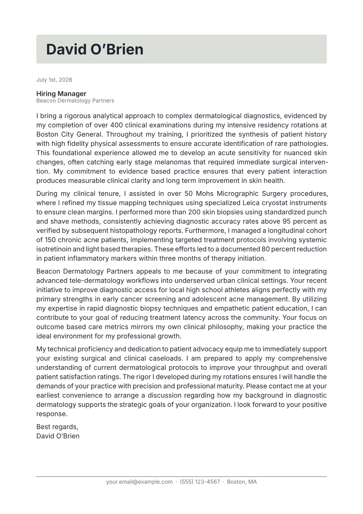 Dermatologist cover letter in the Letterhead design