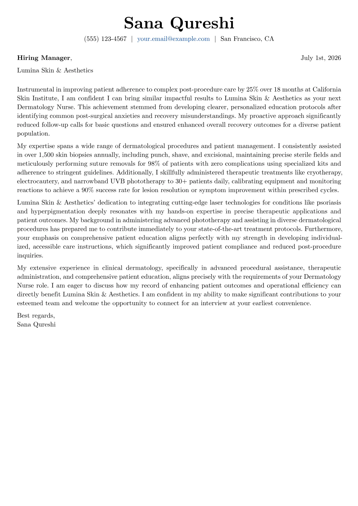 Dermatology Nurse cover letter formatted with a JobSprout template