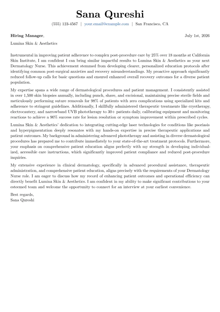Dermatology Nurse cover letter example preview