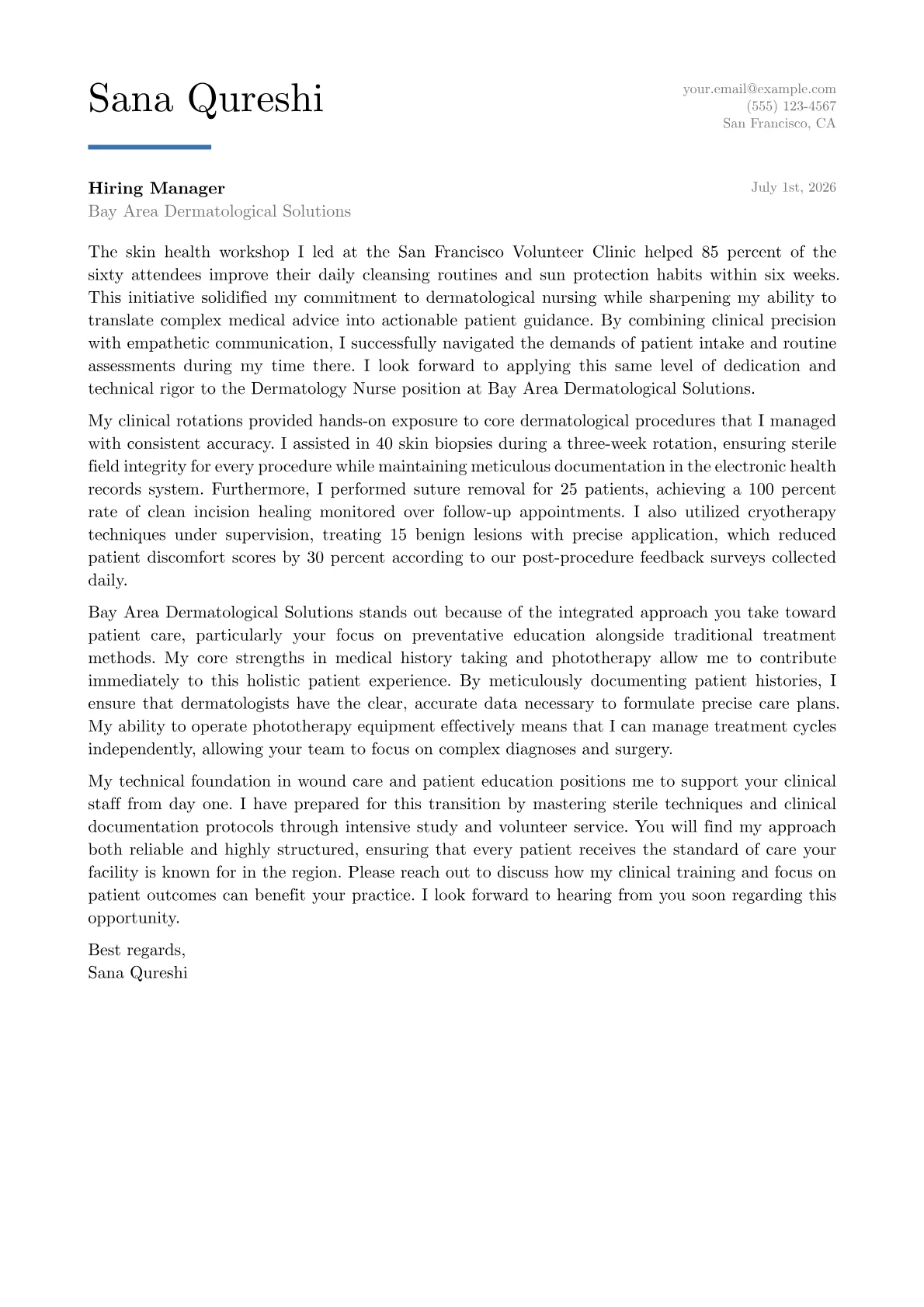 Dermatology Nurse cover letter in the Executive design
