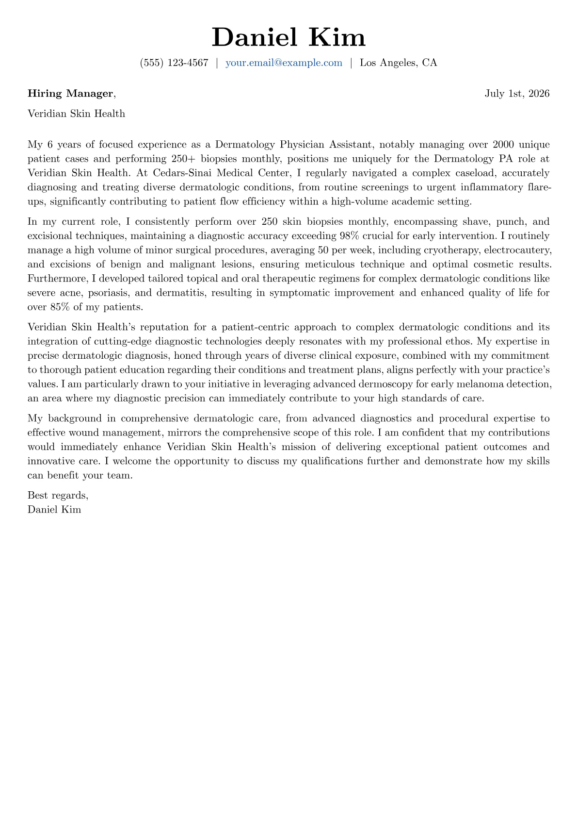 Dermatology PA cover letter formatted with a JobSprout template