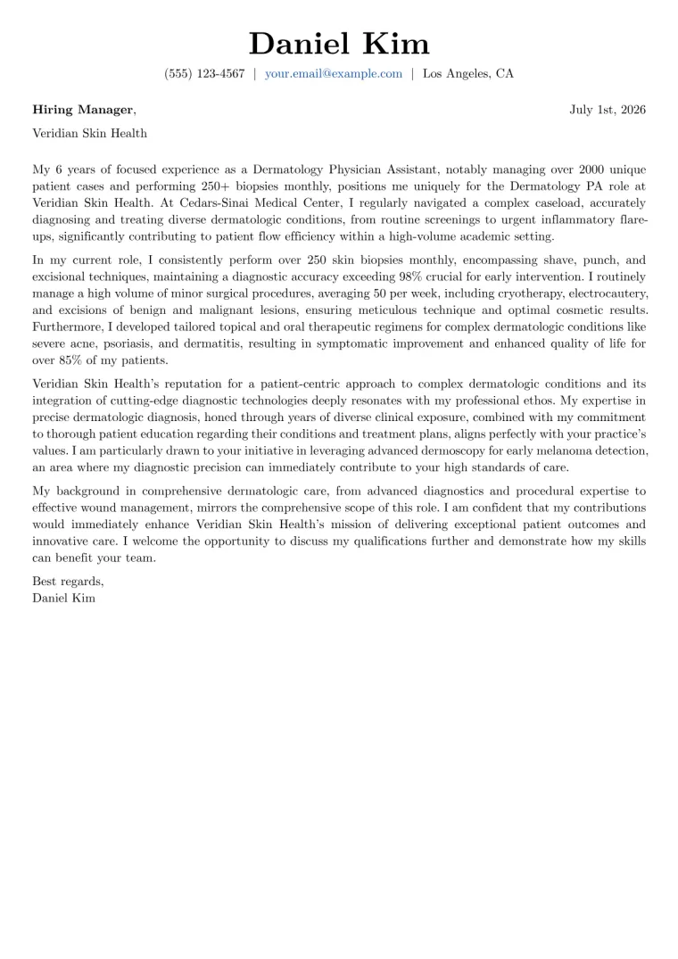 Dermatology PA cover letter example preview