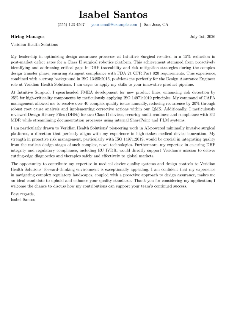 Design Assurance Engineer cover letter example