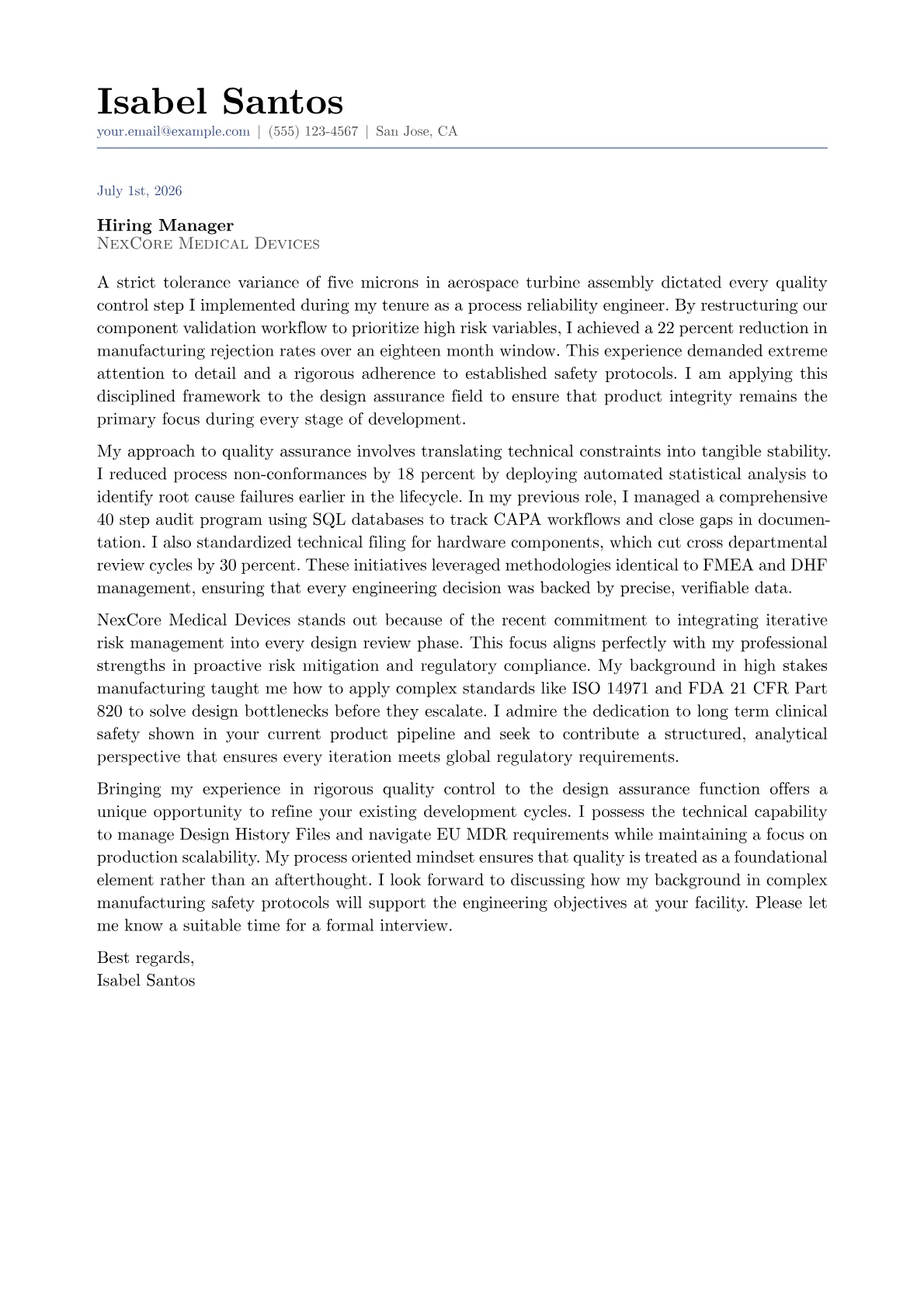 Design Assurance Engineer cover letter in the Classic design