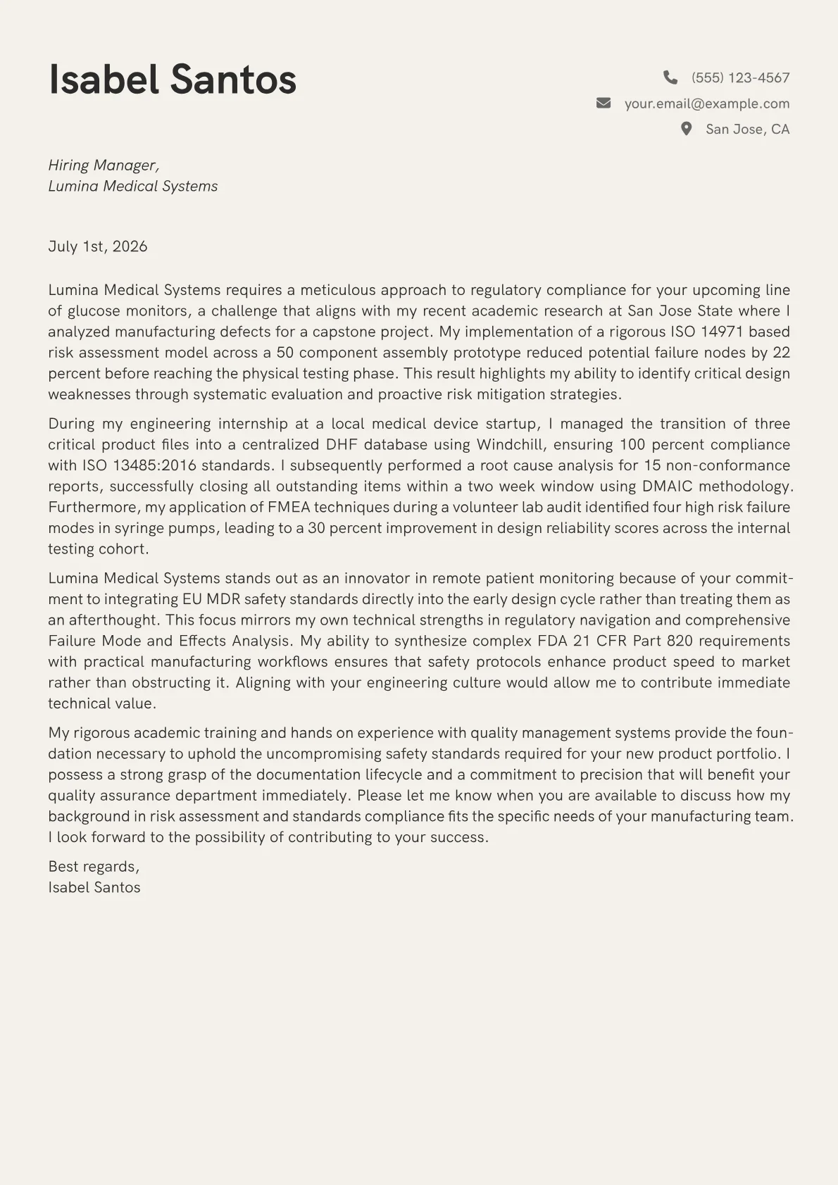 Design Assurance Engineer cover letter in the Creative design