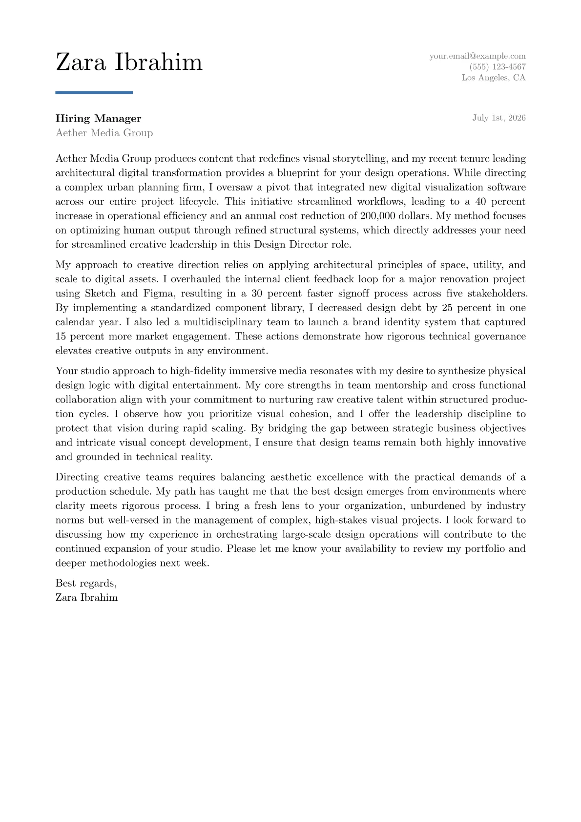 Design Director cover letter in the Executive design