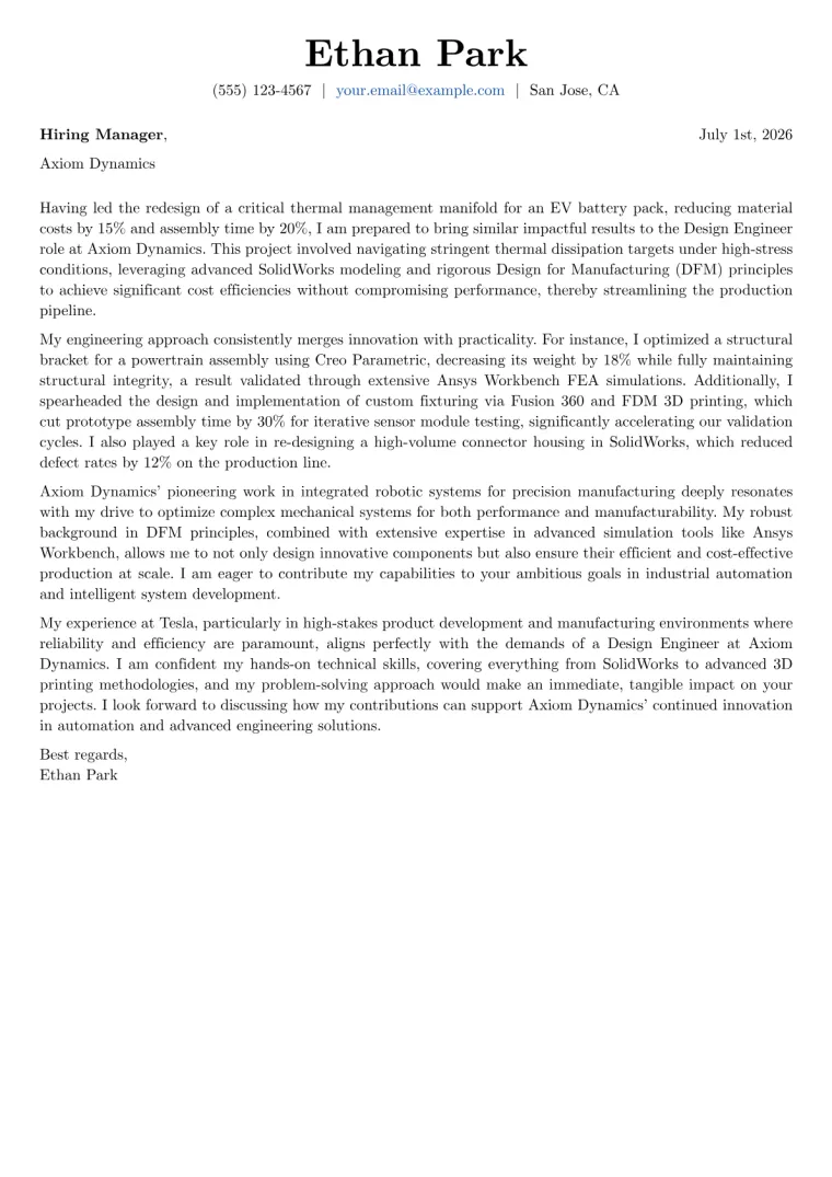 Design Engineer Cover Letter Example