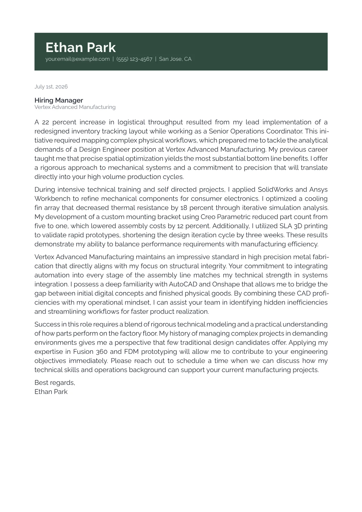 Design Engineer cover letter in the Banner design