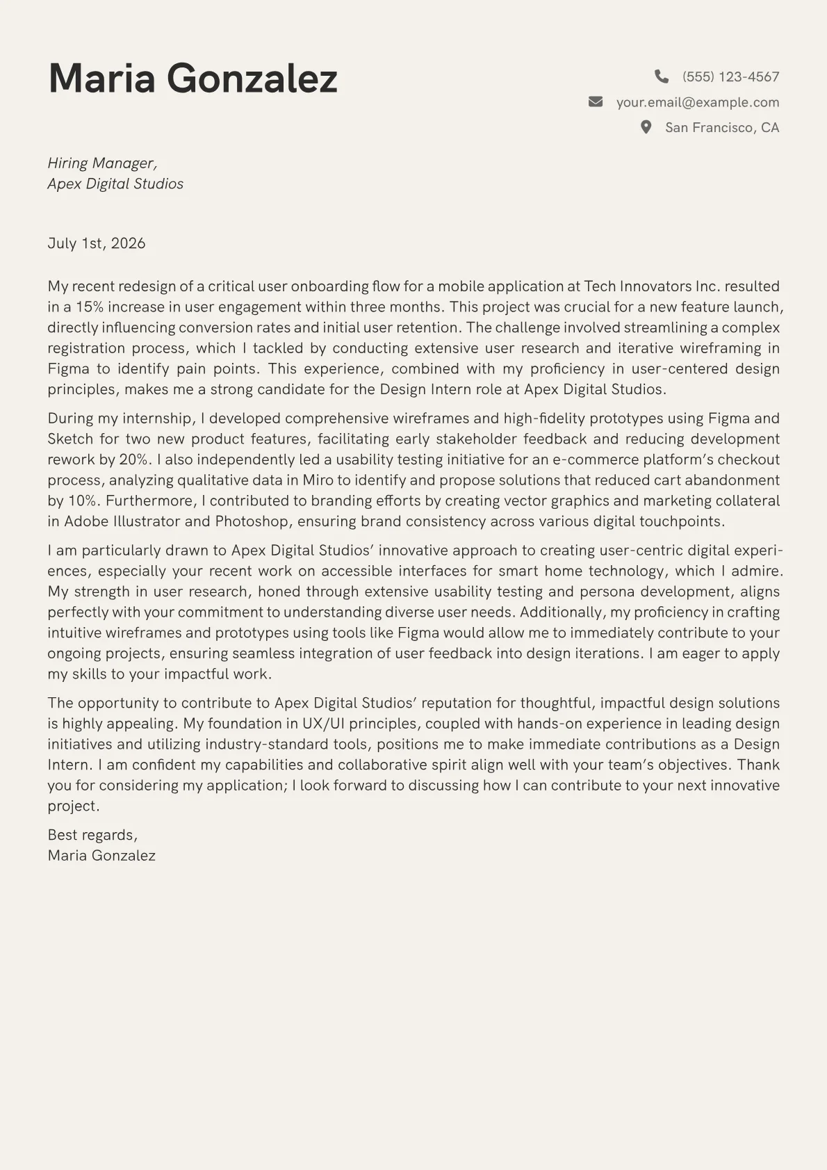 Design Intern cover letter formatted with a JobSprout template