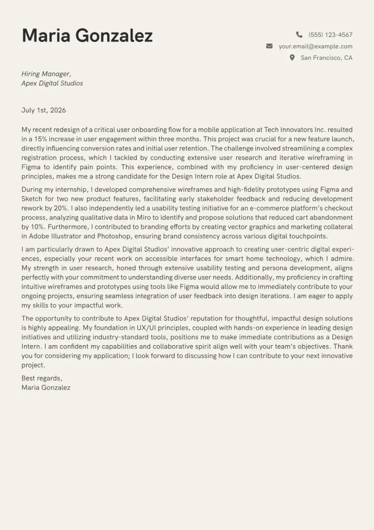 Design Intern cover letter example preview