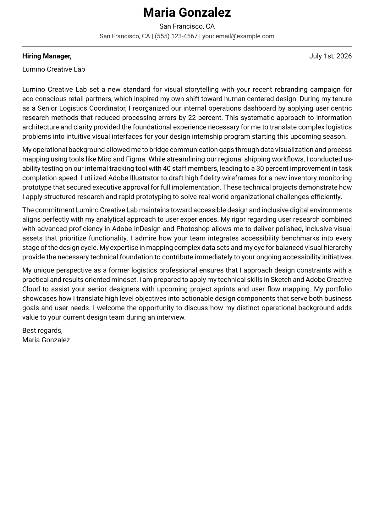 Design Intern cover letter in the Modern design