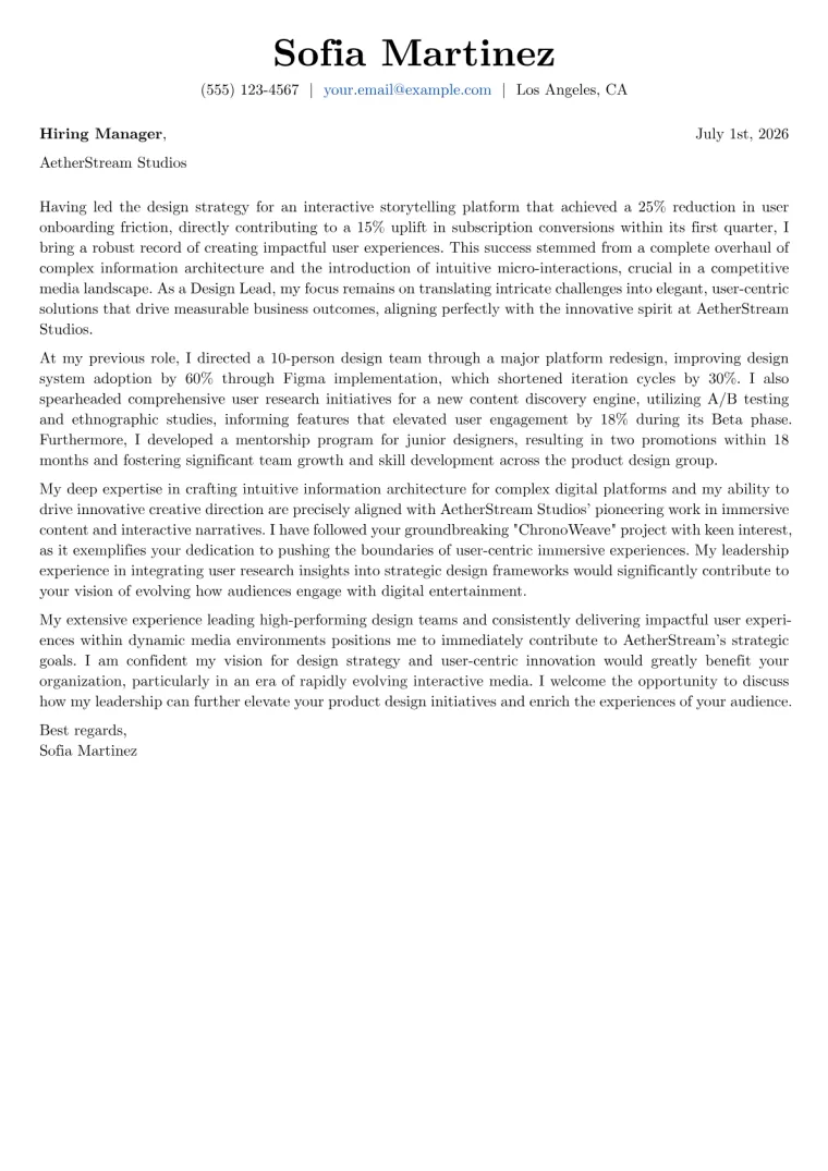 Design Lead cover letter example preview