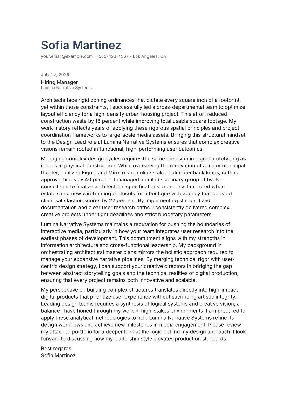 Design Lead cover letter in the Minimal design