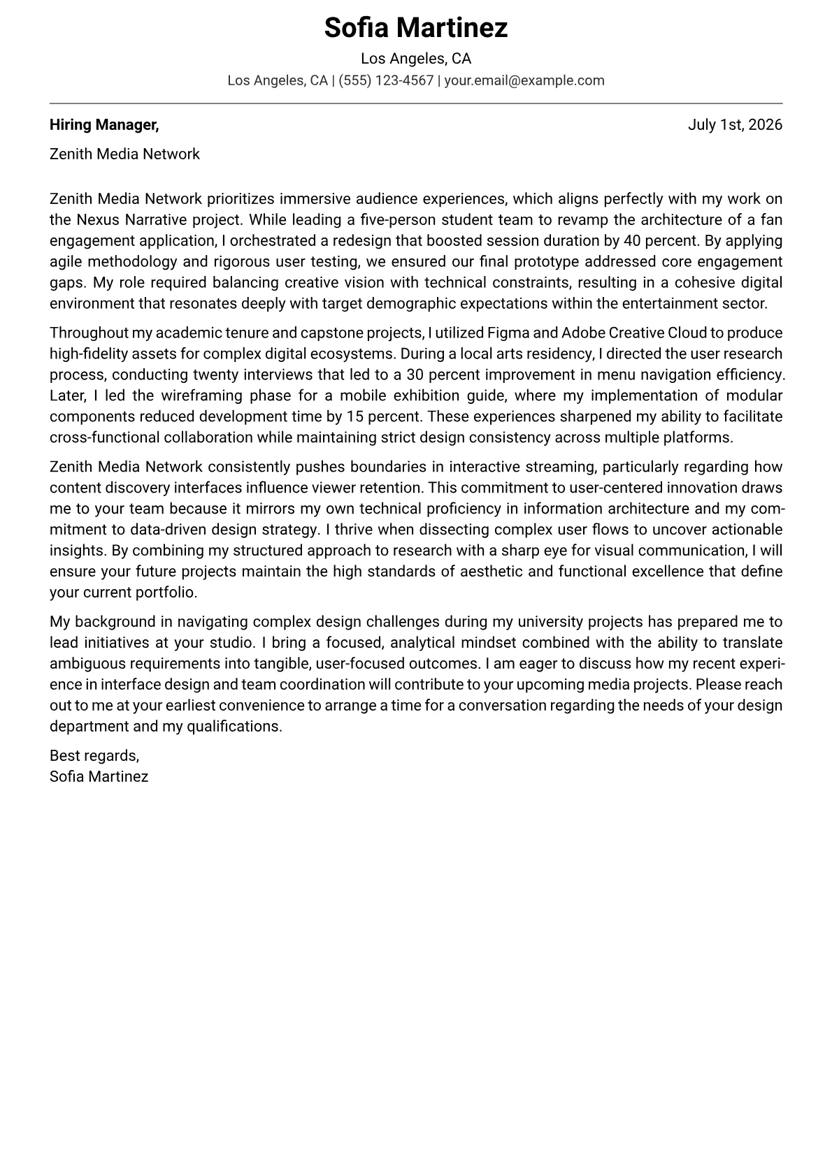Design Lead cover letter in the Modern design