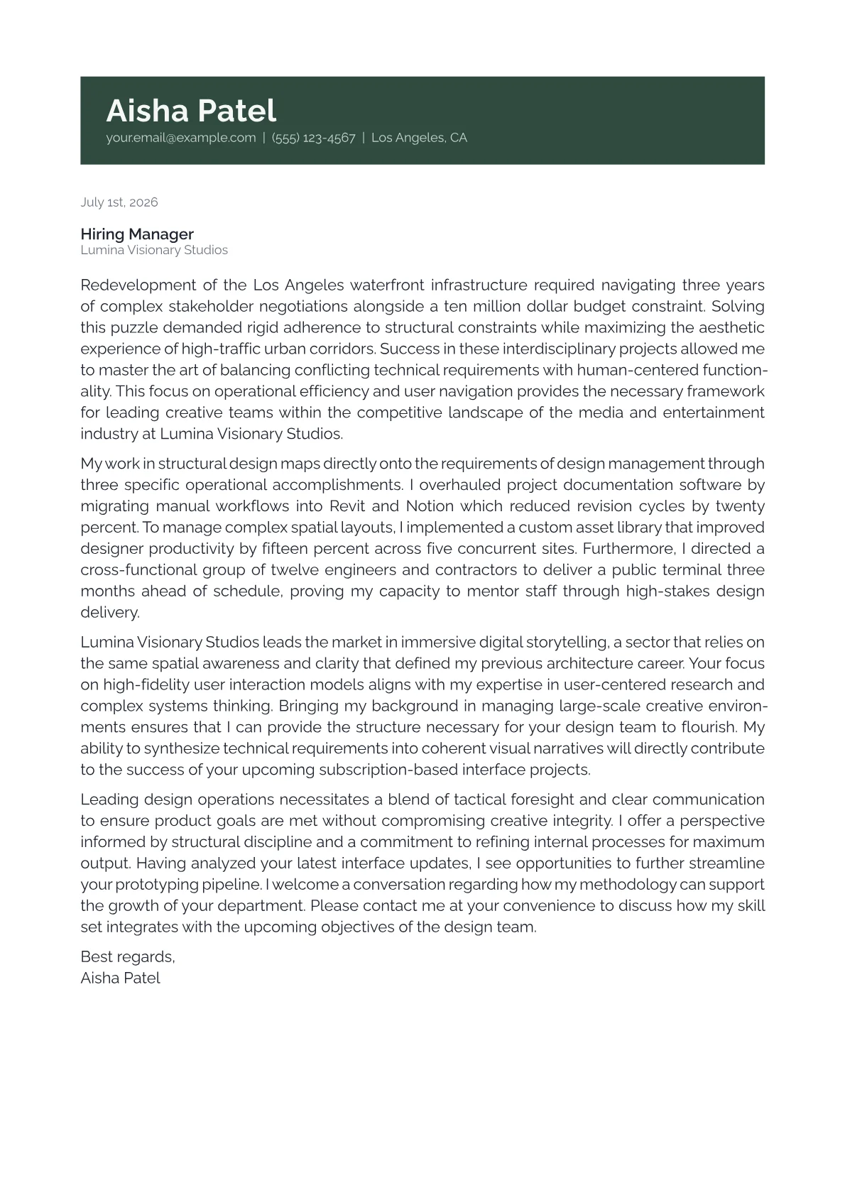 Design Manager cover letter in the Banner design