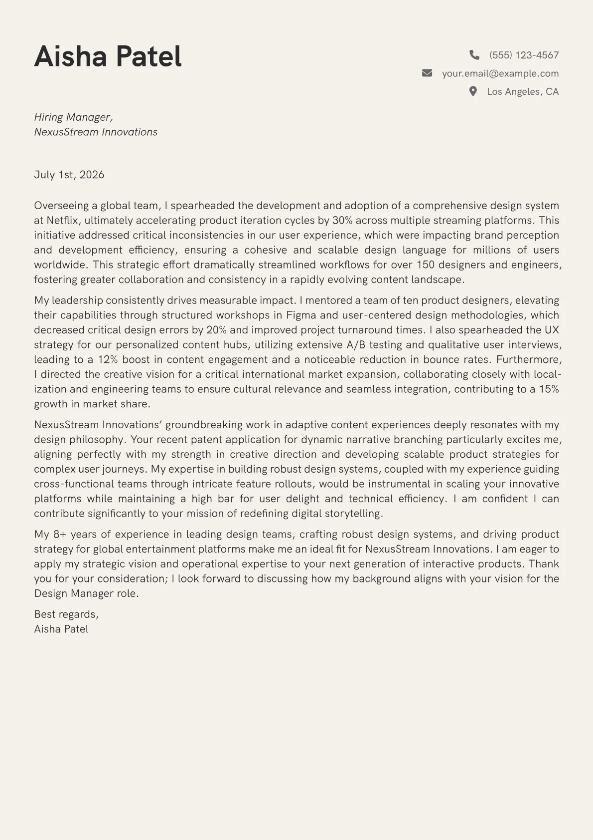 Design Manager cover letter formatted with a JobSprout template