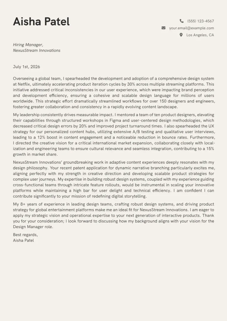 Design Manager cover letter example preview