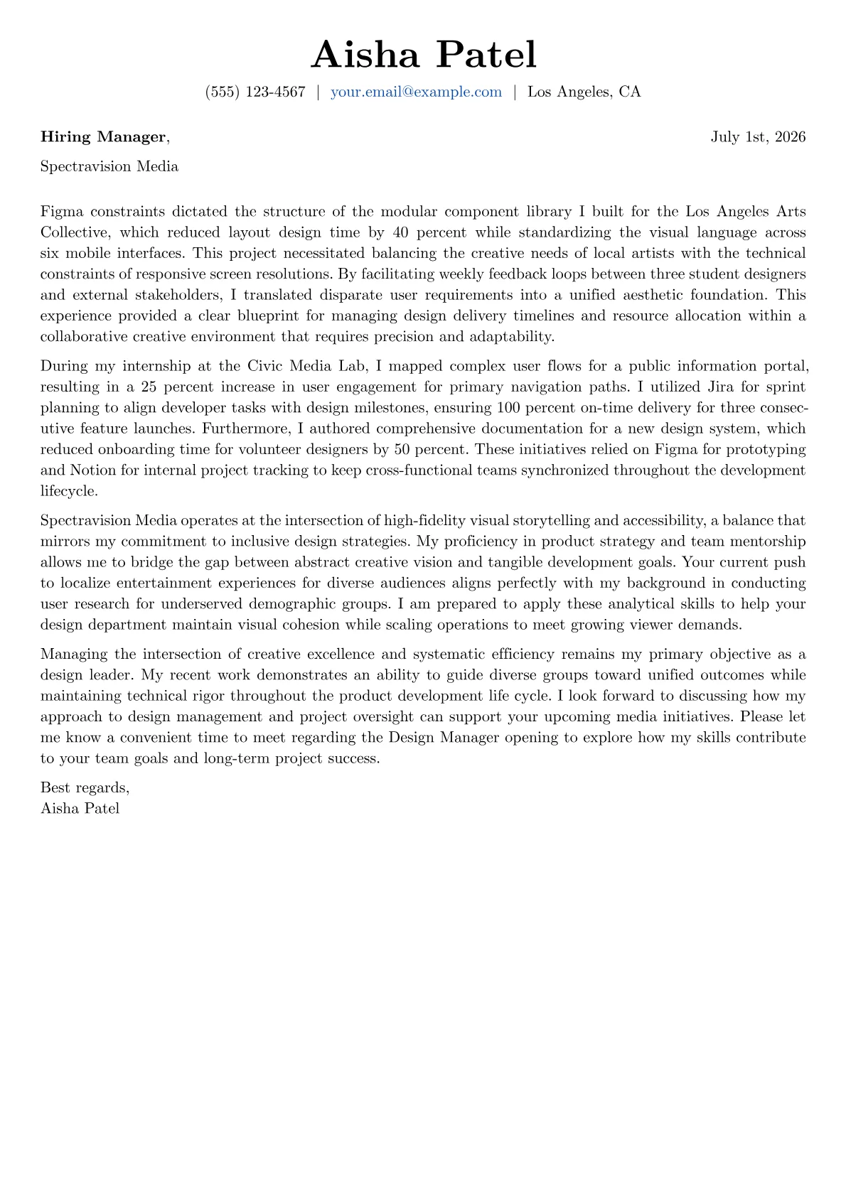Design Manager cover letter in the Basic design