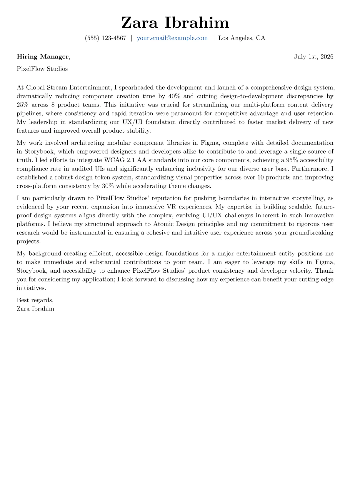 Design Systems Designer cover letter formatted with a JobSprout template