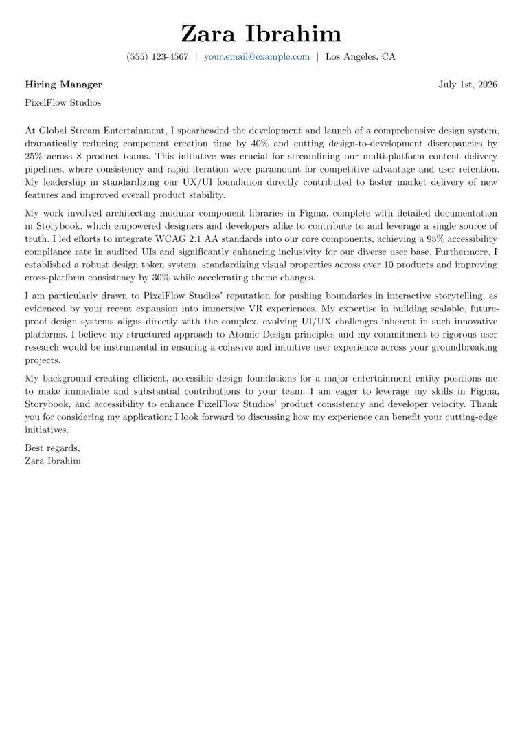 Design Systems Designer cover letter example preview