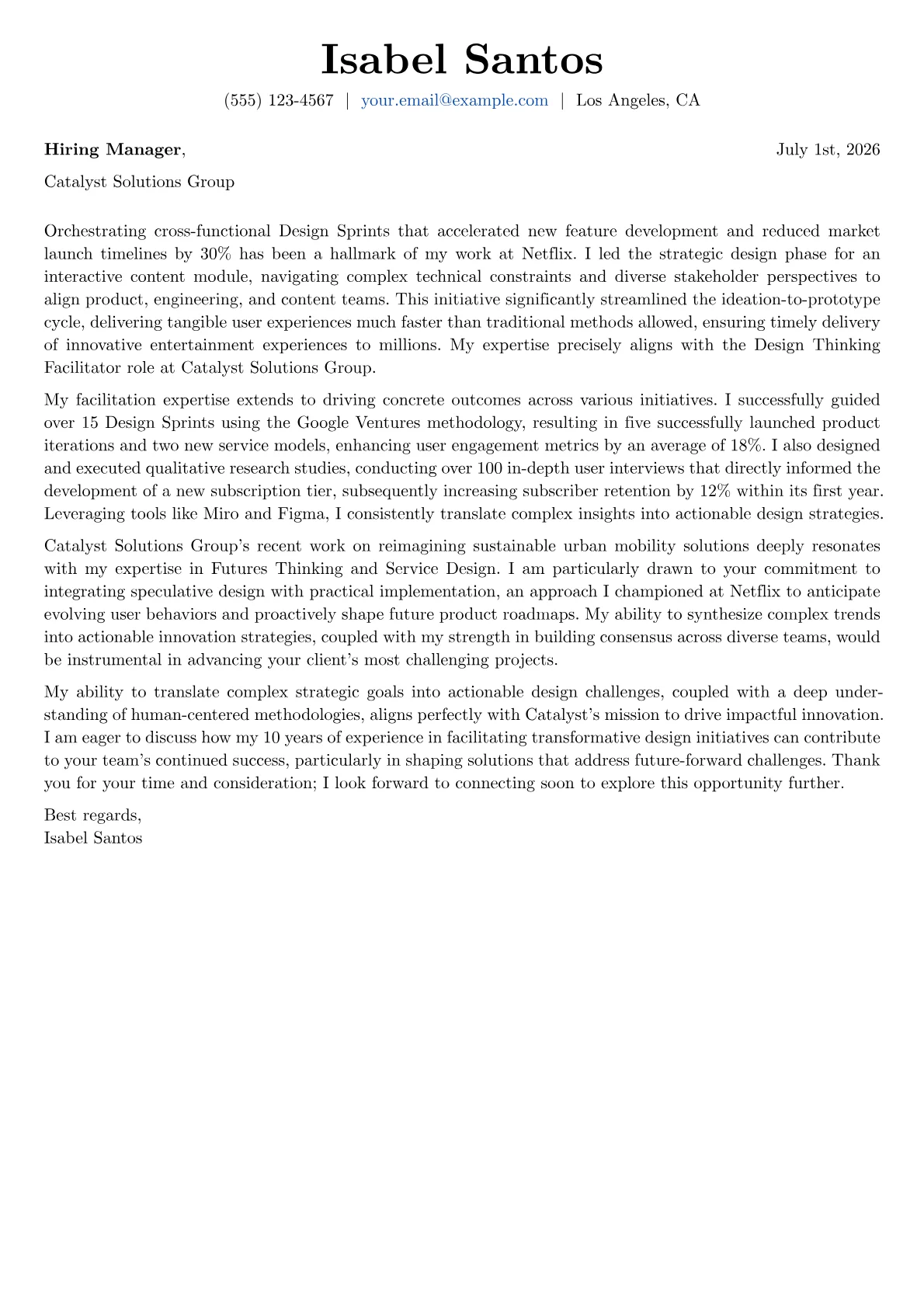 Design Thinking Facilitator cover letter formatted with a JobSprout template