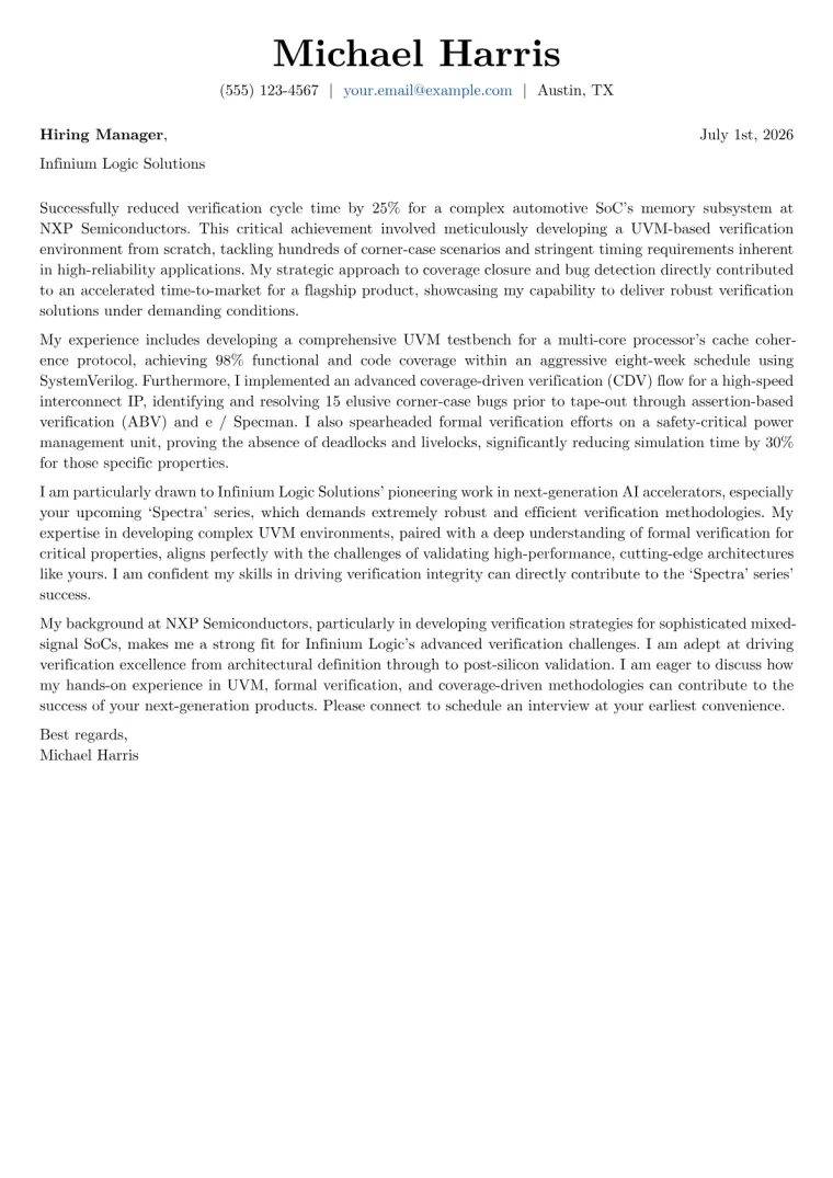 Design Verification Engineer cover letter example