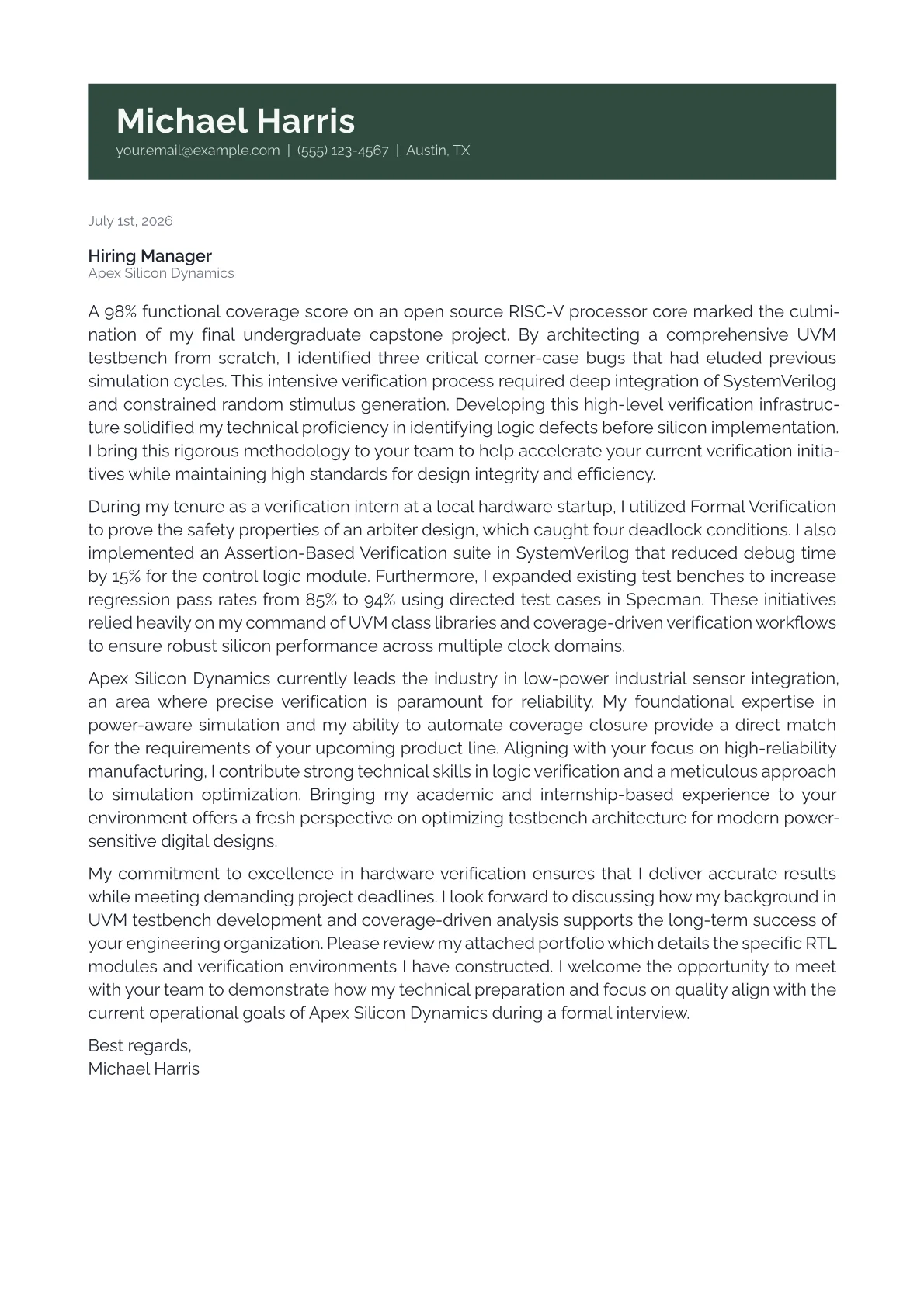 Design Verification Engineer cover letter in the Banner design