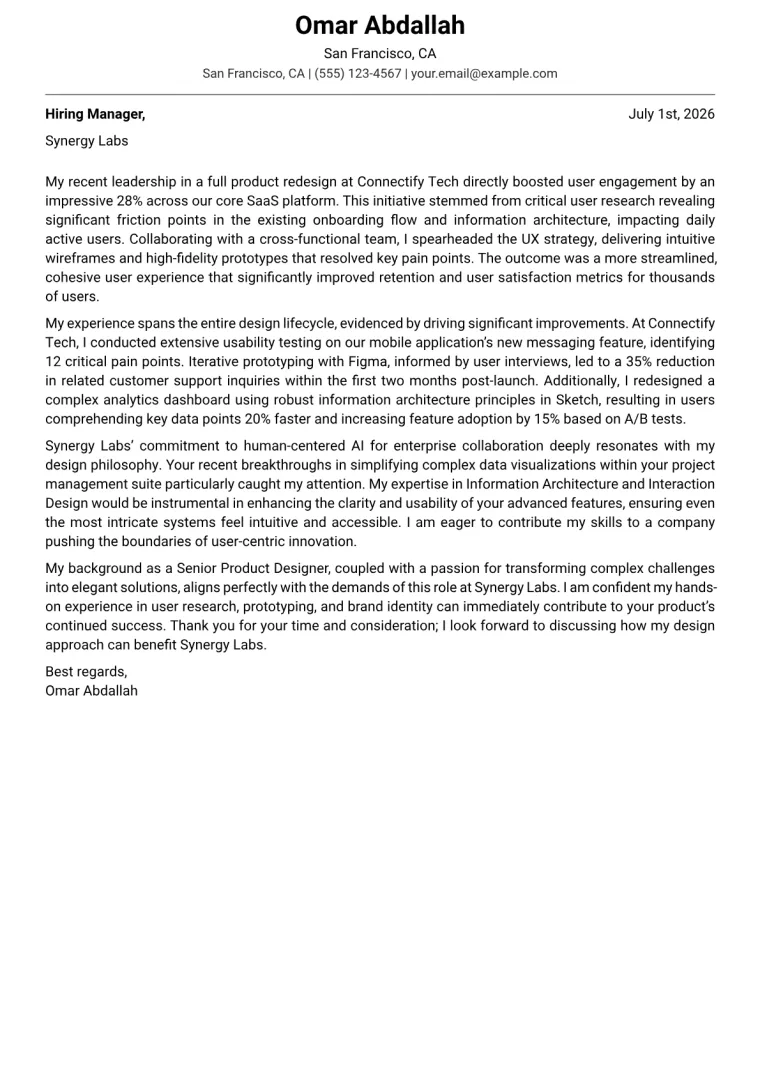 Designer Cover Letter Example