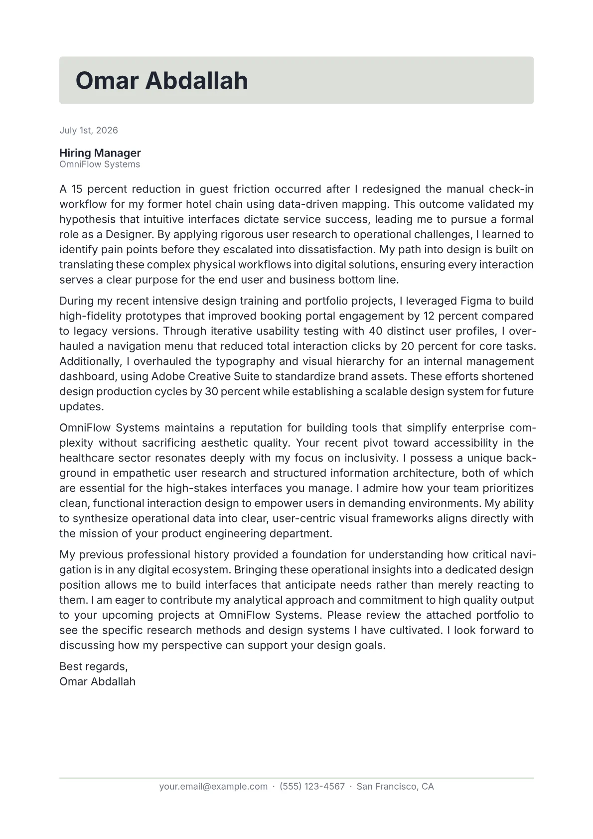 Designer cover letter in the Letterhead design