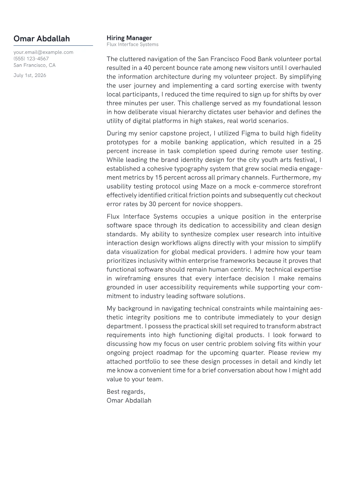 Designer cover letter in the Margin design