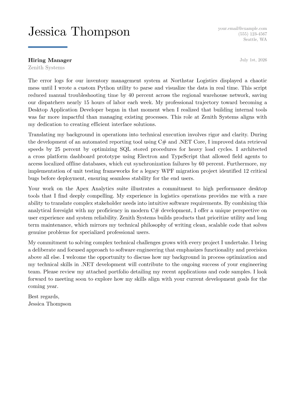 Desktop Application Developer cover letter in the Executive design