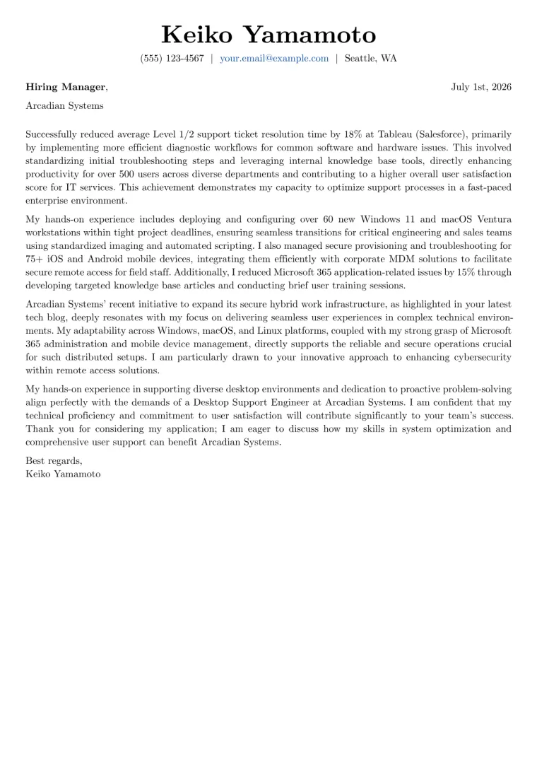 Desktop Support Engineer Cover Letter Example