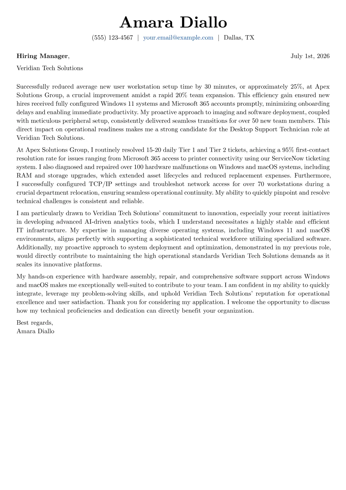 Desktop Support Technician cover letter formatted with a JobSprout template
