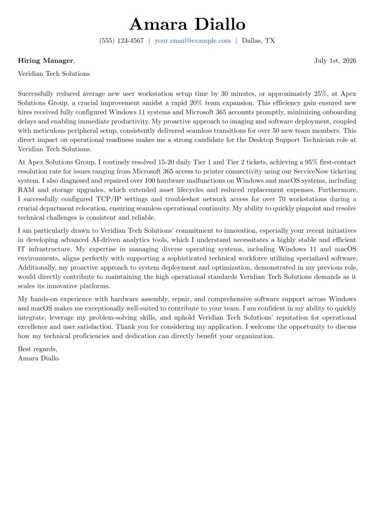 Desktop Support Technician Cover Letter Example