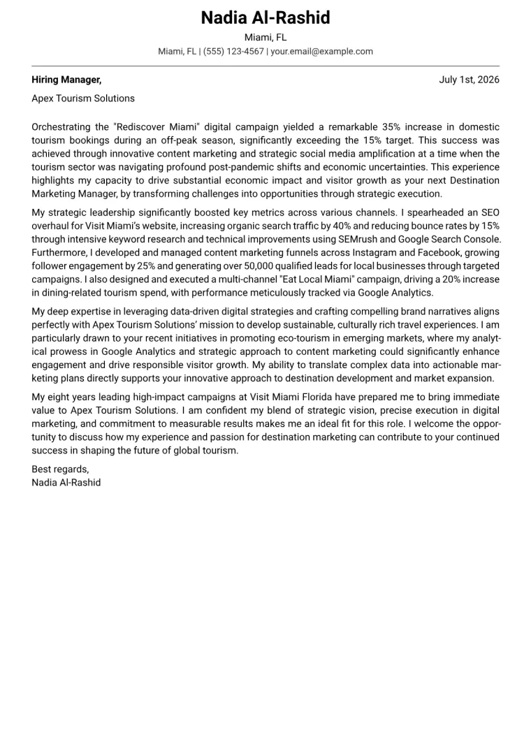 Destination Marketing Manager cover letter example preview