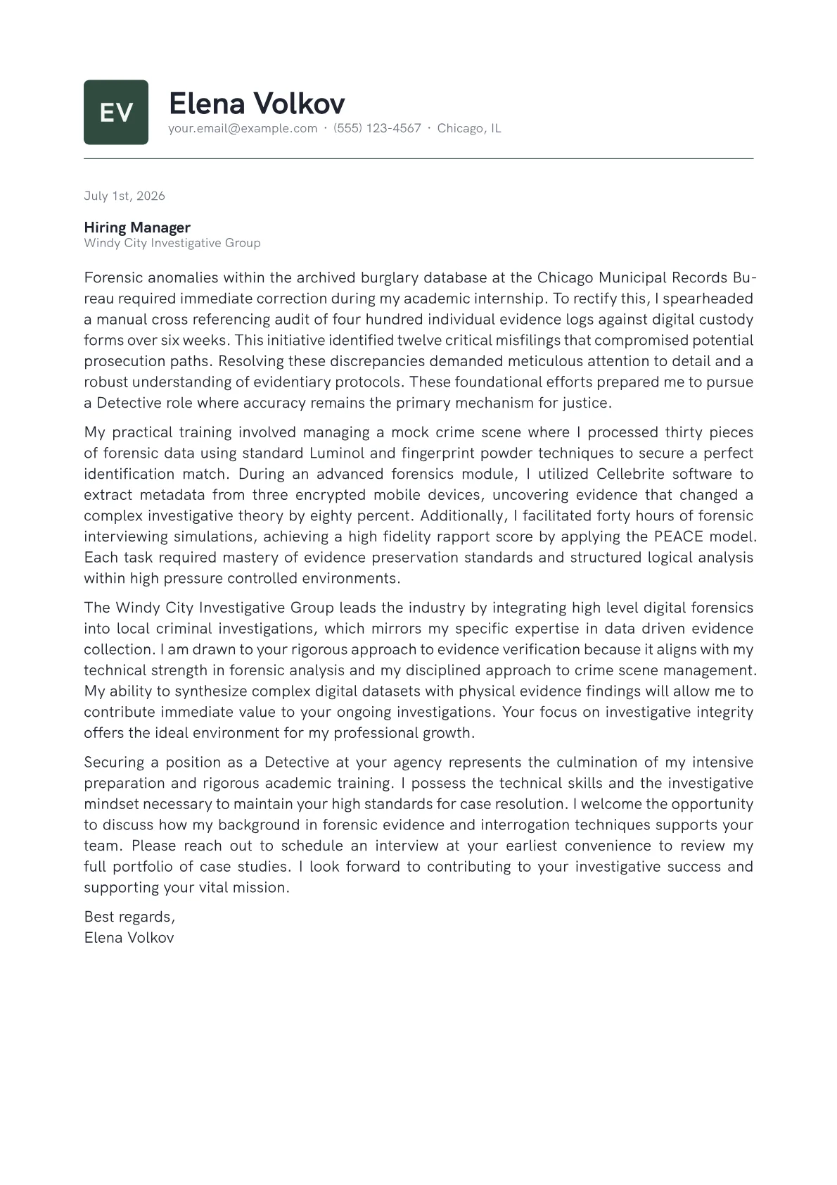 Detective cover letter in the Emblem design