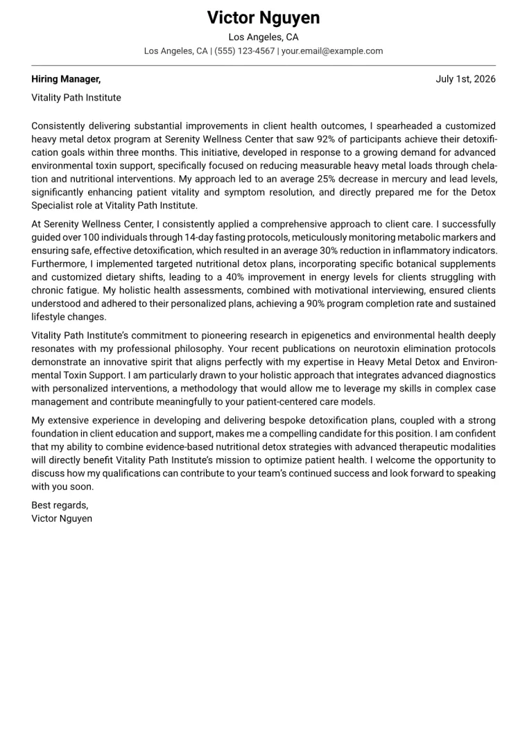Detox Specialist cover letter example preview