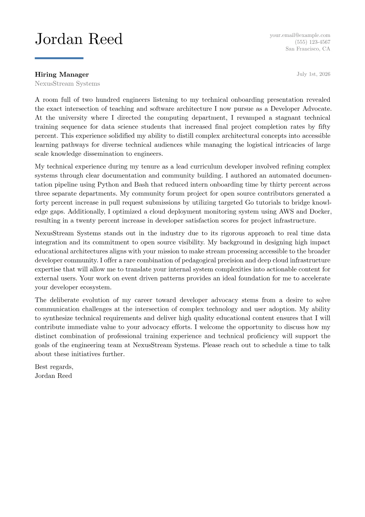 Developer Advocate cover letter in the Executive design