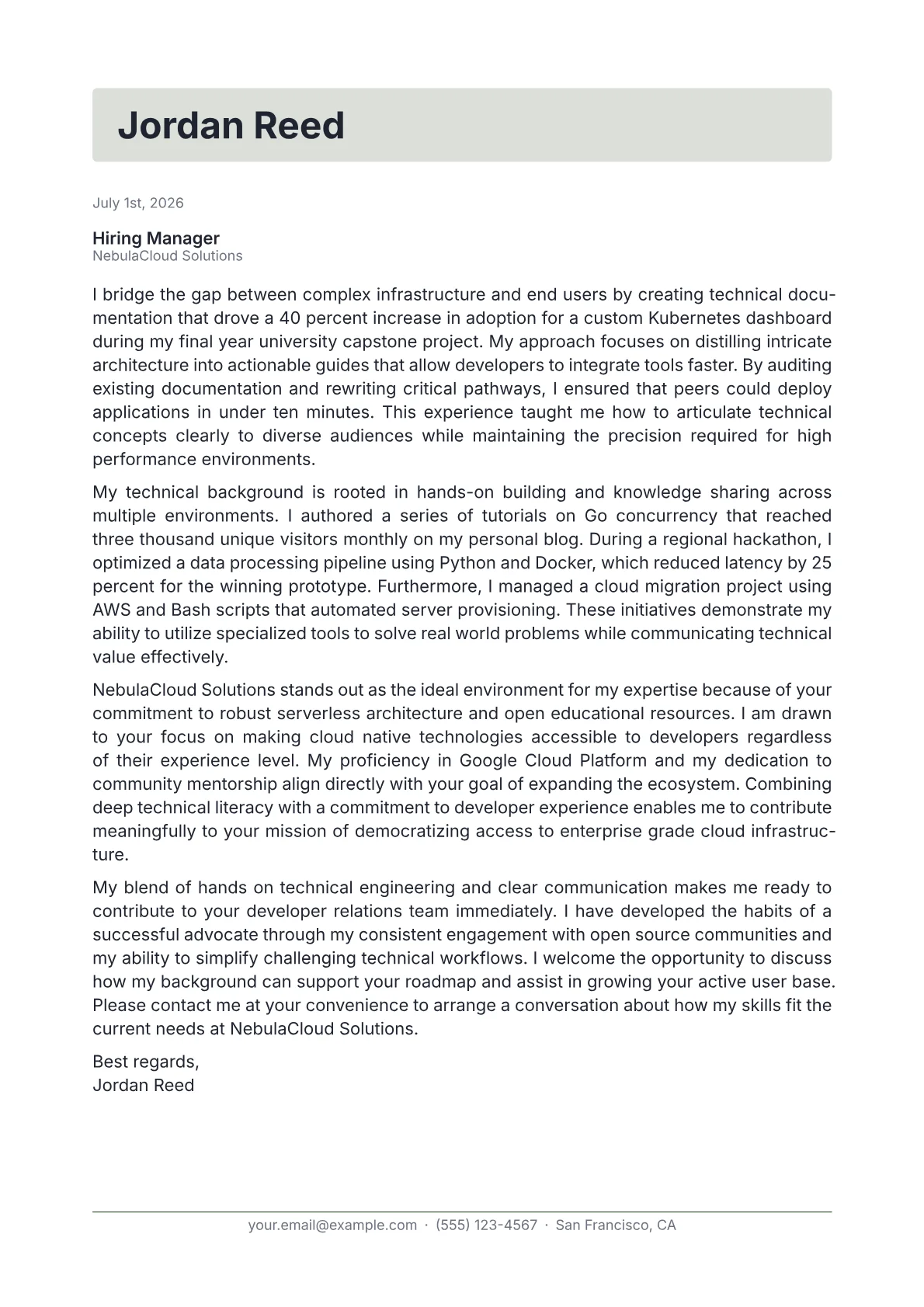 Developer Advocate cover letter in the Letterhead design