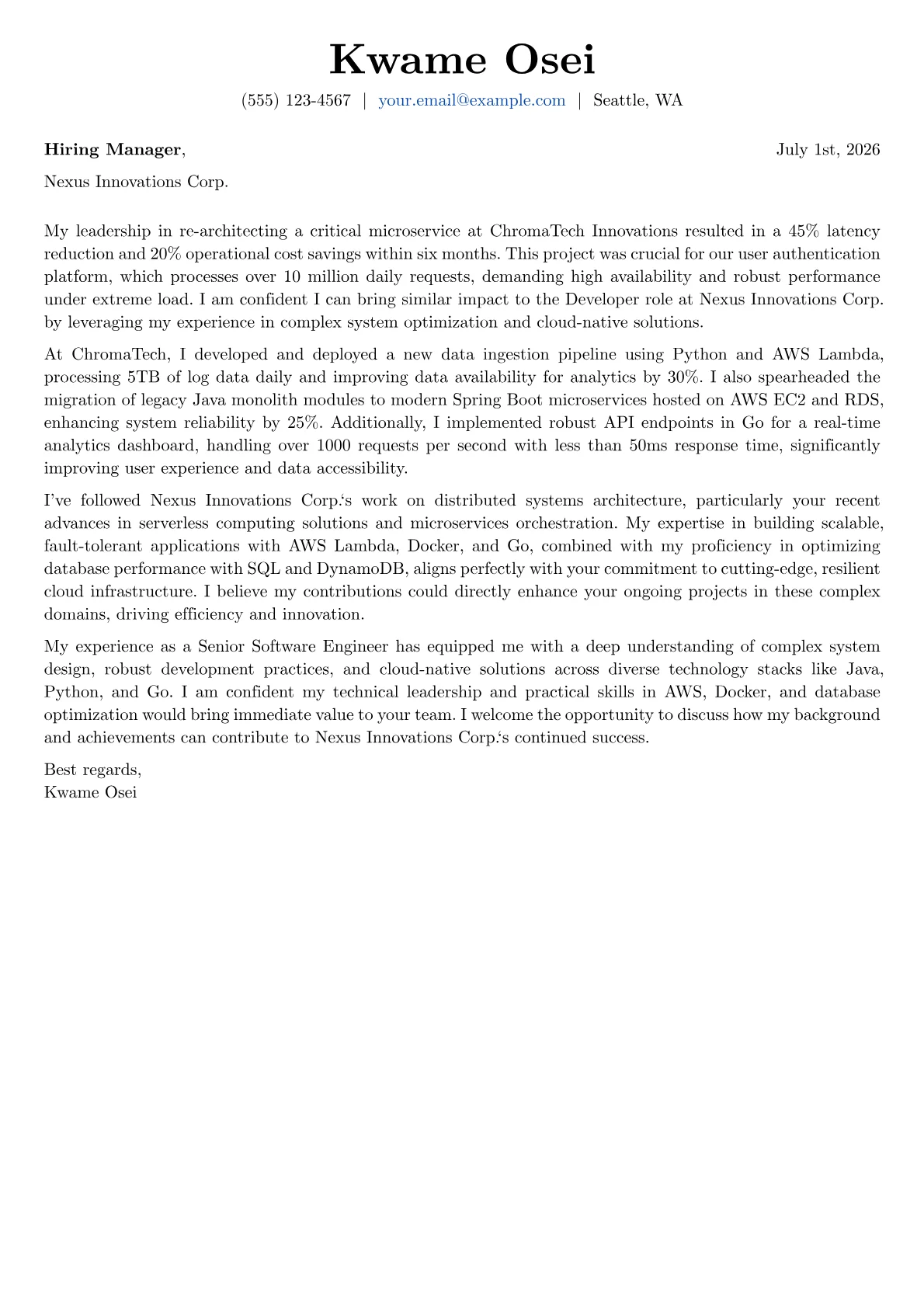 Developer cover letter formatted with a JobSprout template