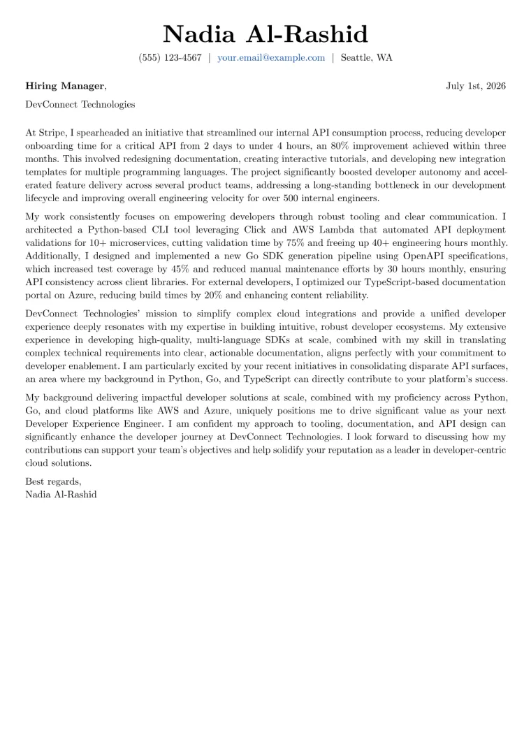 Developer Experience Engineer Cover Letter Example
