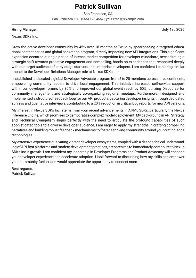 Developer Relations Manager cover letter example preview