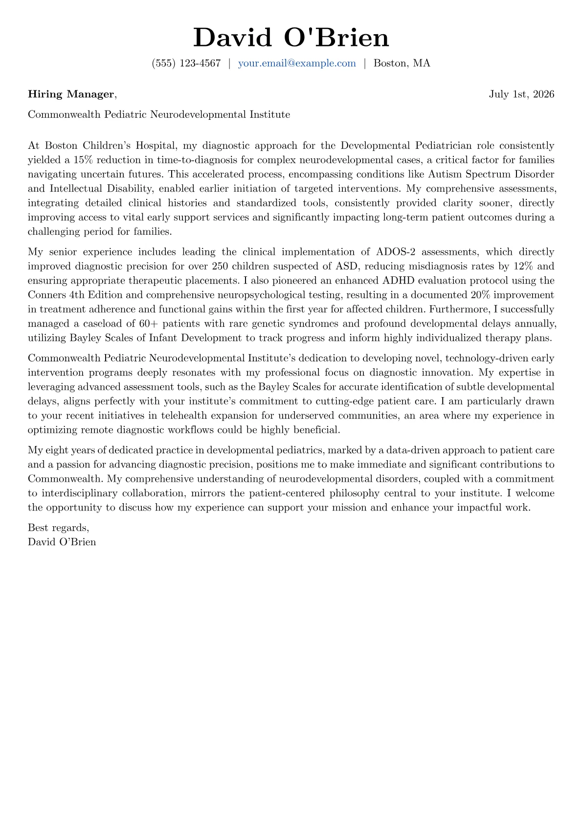Developmental Pediatrician cover letter formatted with a JobSprout template